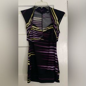 Vintage XOXO Black Purple Yellow Stripe Open Stretchy Cap Sleeve Top Shirt M